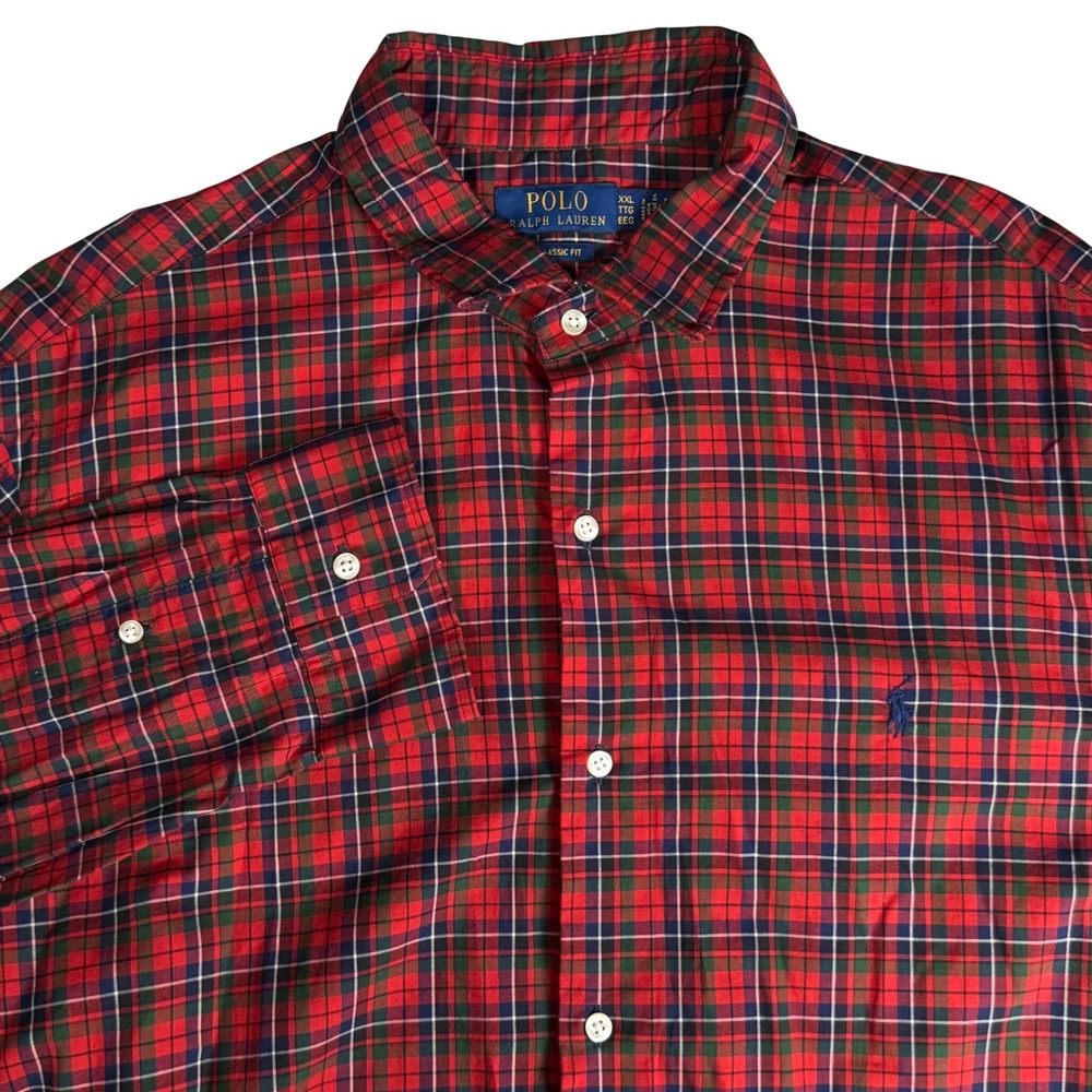 Polo Ralph Lauren Mens XXL Classic Fit Plaid Button‎ Down Shirt Red Green Tartan